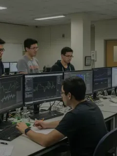Students collaborating on a STEM project in a modern university lab setting.