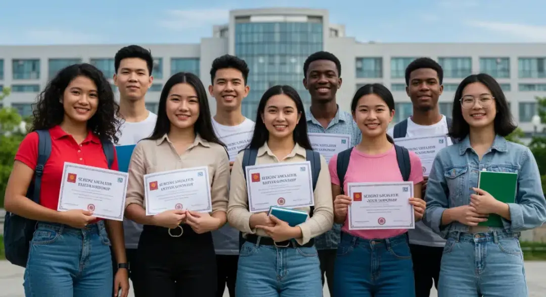 Students celebrating merit scholarship awards at a U.S. university campus for 2026.