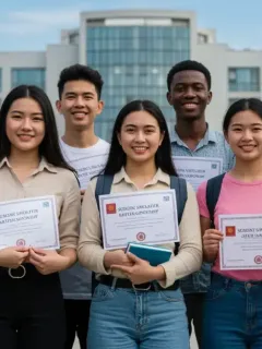 Students celebrating merit scholarship awards at a U.S. university campus for 2026.