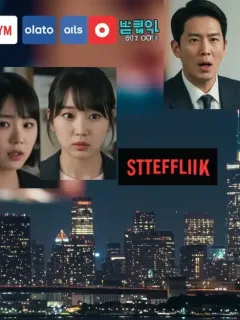 Dynamic collage of dorama scenes and streaming logos over a U.S. city skyline.