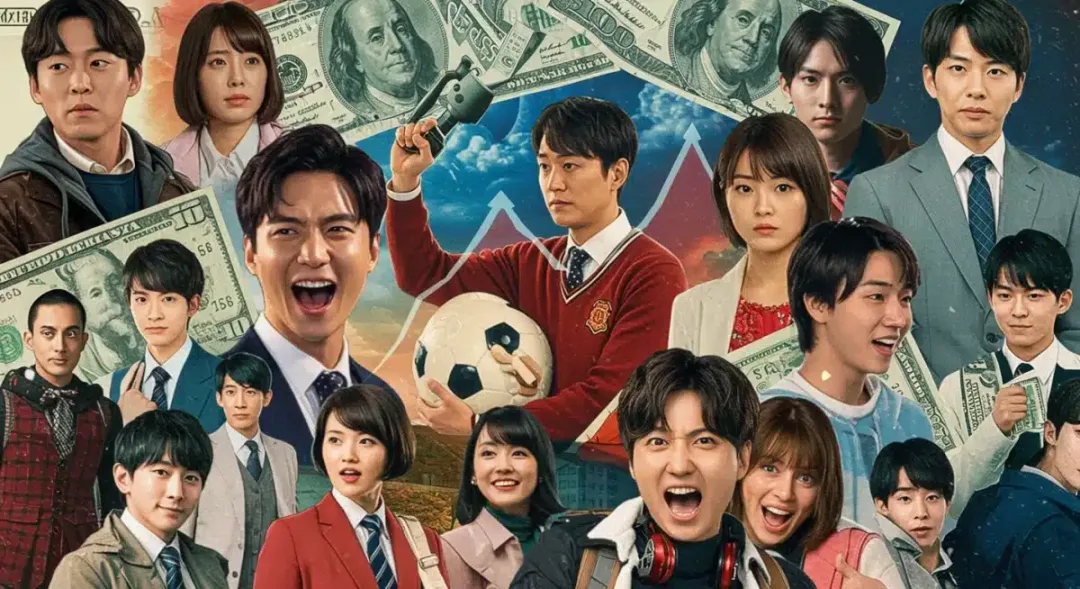 Financial charts superimposed on dorama scenes depicting the economic impact of U.S. viewership on production budgets.