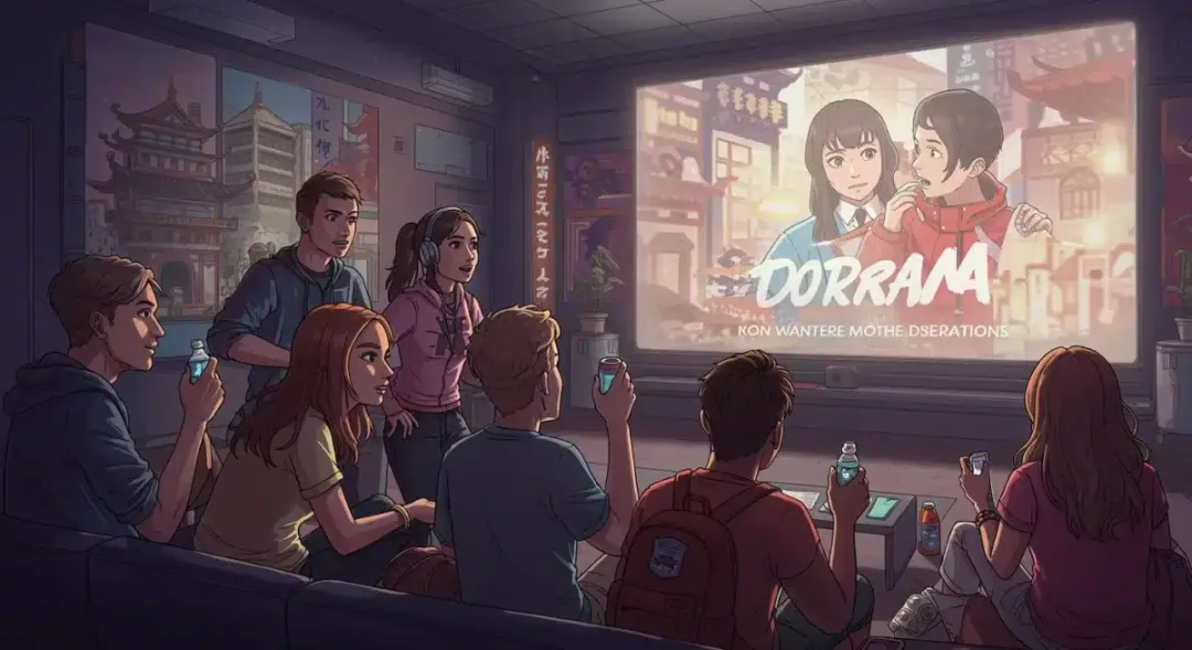 Diverse audience watching culturally adapted dorama on a large screen, symbolizing global entertainment trends.