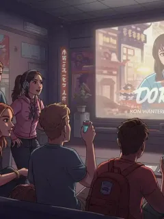 Diverse audience watching culturally adapted dorama on a large screen, symbolizing global entertainment trends.