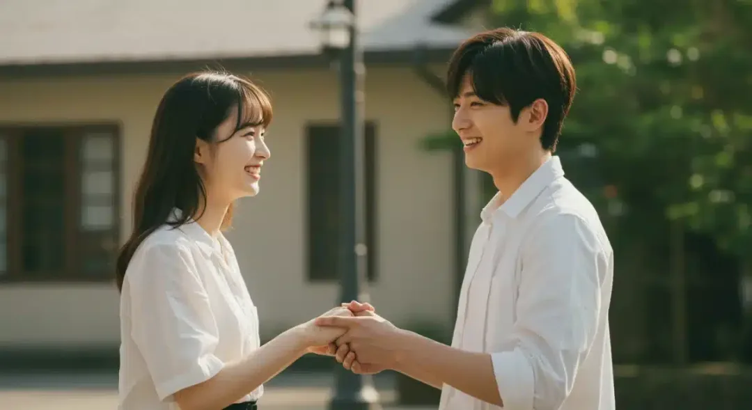 Romantic dorama couple sharing a tender moment, symbolizing a happy resolution.