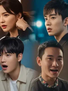 Five emerging dorama actors, diverse and charismatic, set against a backdrop of dramatic dorama scenes, symbolizing their rising star power.