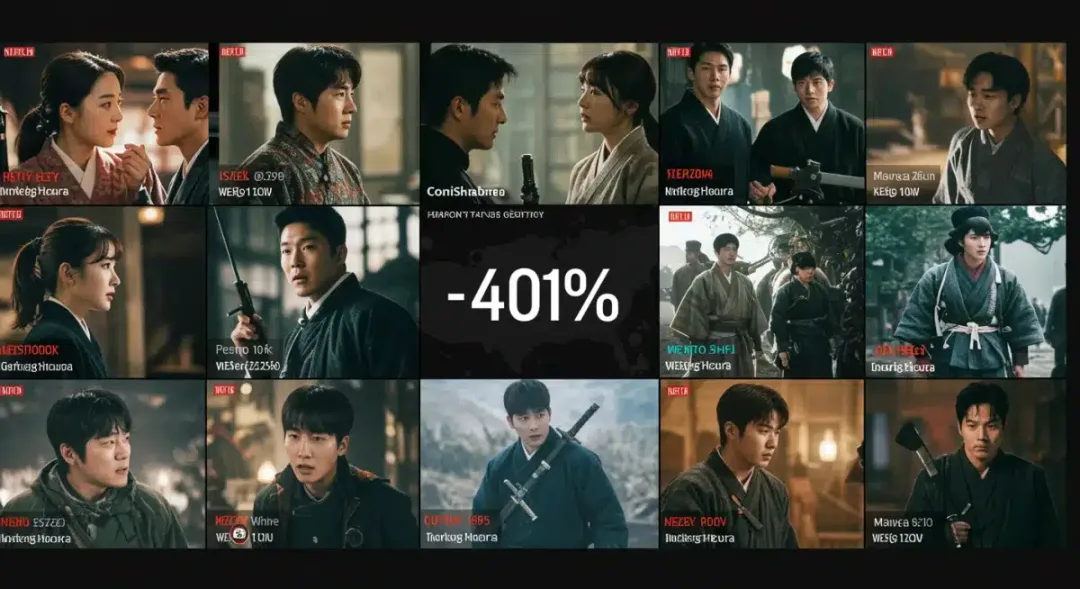 Diverse dorama genres collage showing romantic, action, and historical themes, with a 40% growth indicator over a U.S. map.