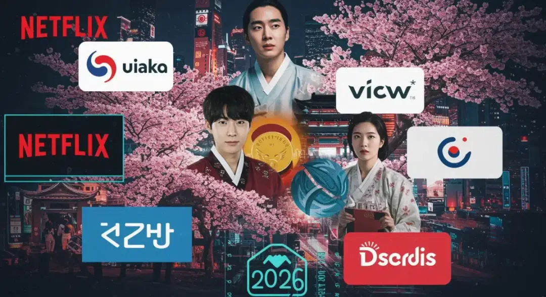 Dynamic digital collage showcasing competing dorama streaming platforms for 2026, highlighting value and content variety.