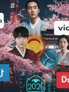 Dynamic digital collage showcasing competing dorama streaming platforms for 2026, highlighting value and content variety.