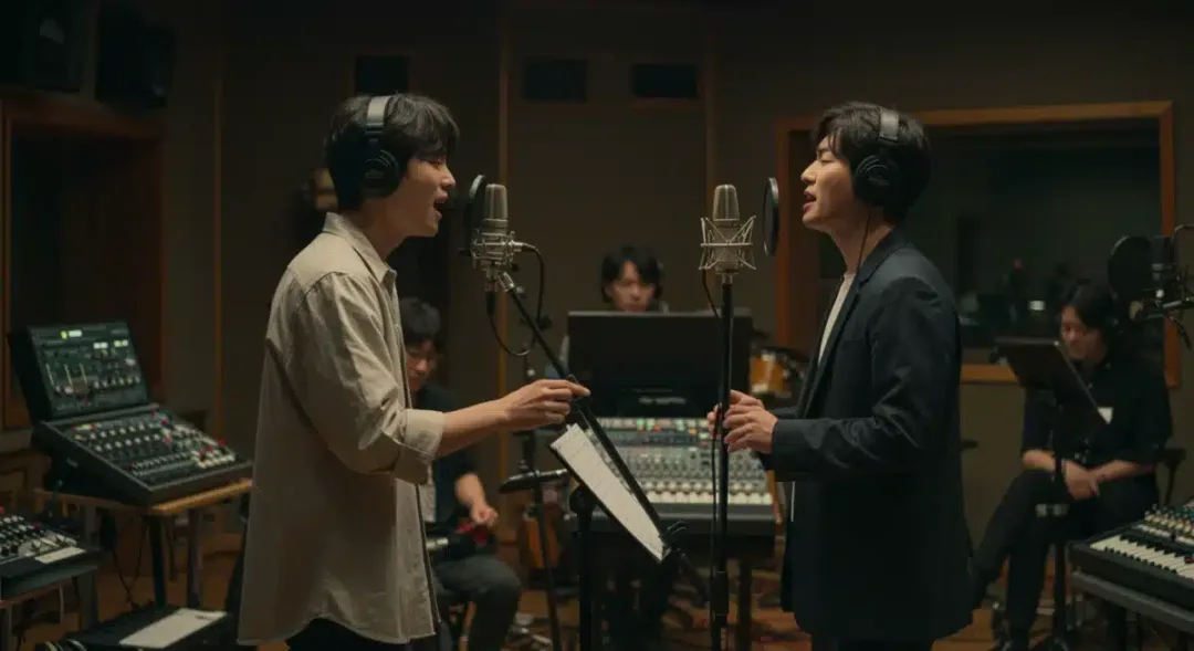 Singer recording a dorama original soundtrack in a professional studio.