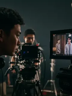 Dorama director reviewing footage on set, surrounded by production crew and equipment.