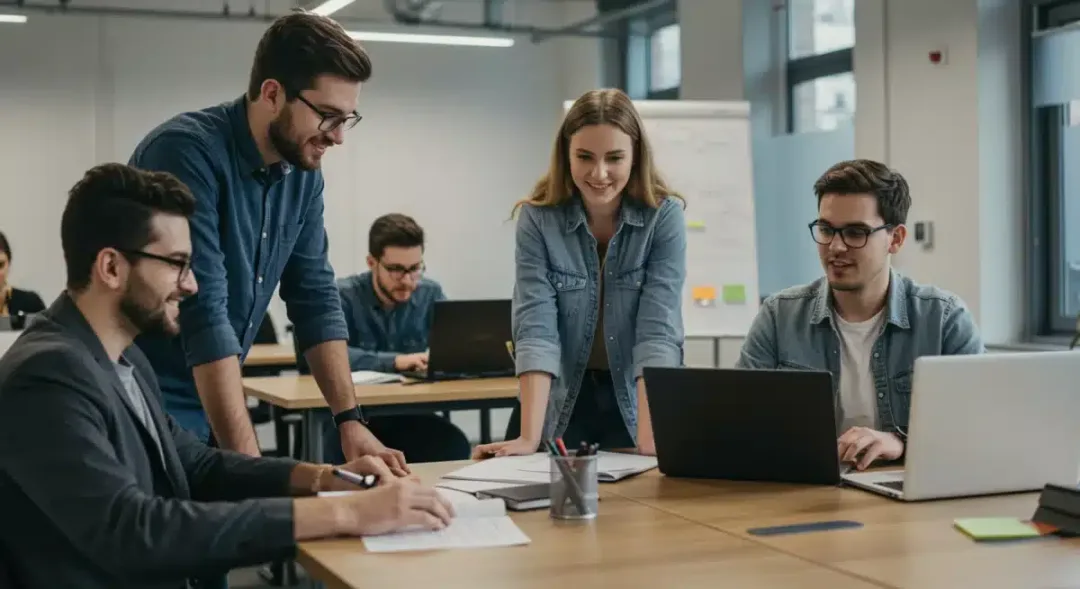 Diverse professionals working in a modern office, symbolizing varied career paths for online and in-person graduates.