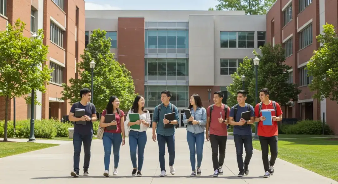 Students walking on a modern campus, representing high-value public universities.