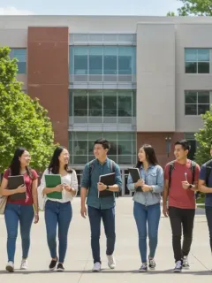 Students walking on a modern campus, representing high-value public universities.