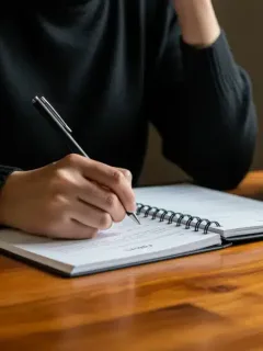 Student writing college essay with pen and notebook