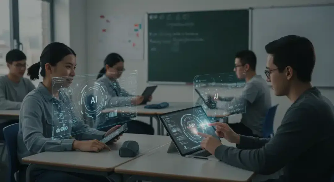 Futuristic classroom with AI tools enhancing student learning experience