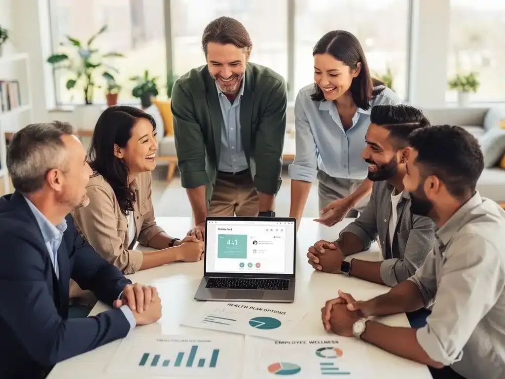 Empleados conversando satisfechos sobre sus beneficios de salud en la oficina.