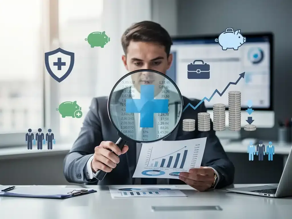 Hombre analizando documentos de beneficios de salud del empleador y proyecciones de ahorro.