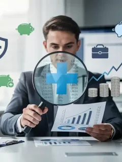 Hombre analizando documentos de beneficios de salud del empleador y proyecciones de ahorro.