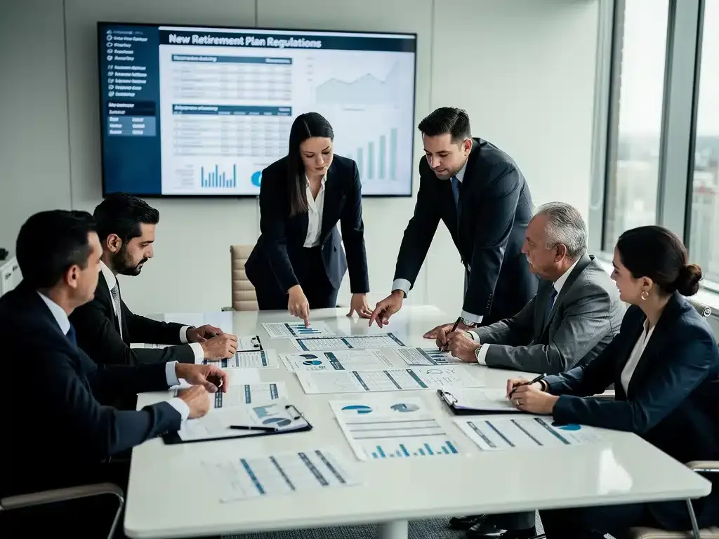 Equipo de profesionales analizando el impacto de las regulaciones de planes de jubilación.