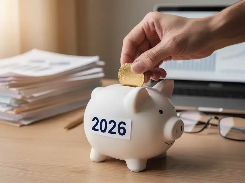 Mano depositando una moneda en una hucha con el año 2026, representando ahorros y el futuro de la jubilación.