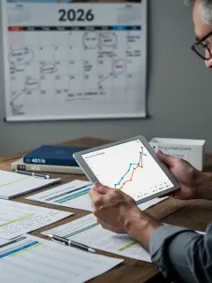 Persona analizando gráficos financieros y documentos de jubilación para 2026, con preocupación por nuevas regulaciones.
