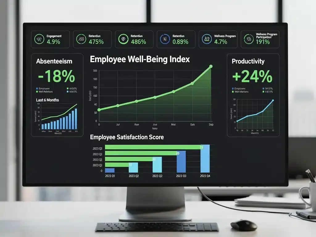 Panel de control con métricas de bienestar corporativo, mostrando tendencias positivas en productividad y satisfacción.