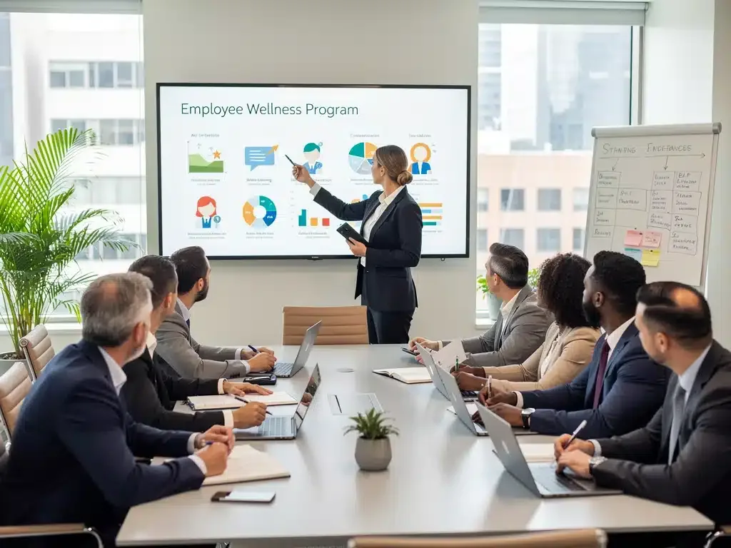 Profesional de RRHH presentando una iniciativa de bienestar a empleados, destacando la planificación estratégica.