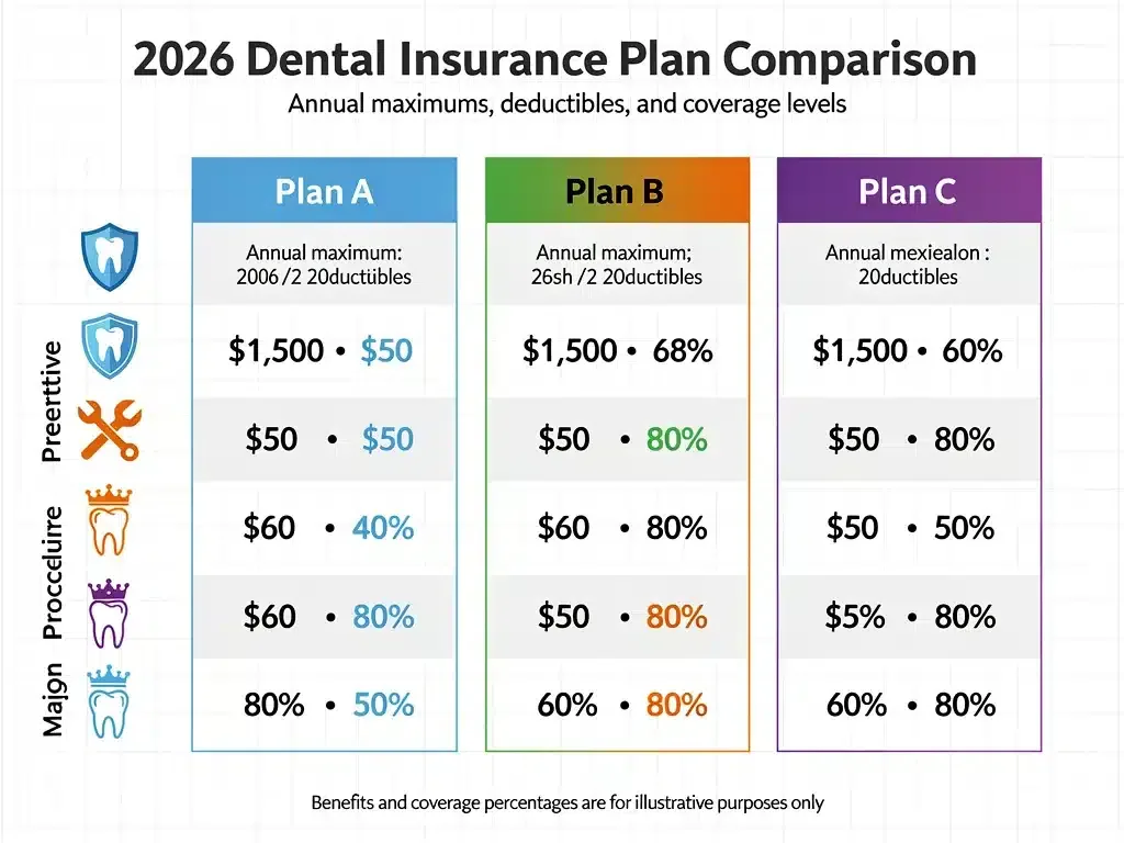 Infografía comparativa de coberturas y costos de planes de seguro dental 2026.