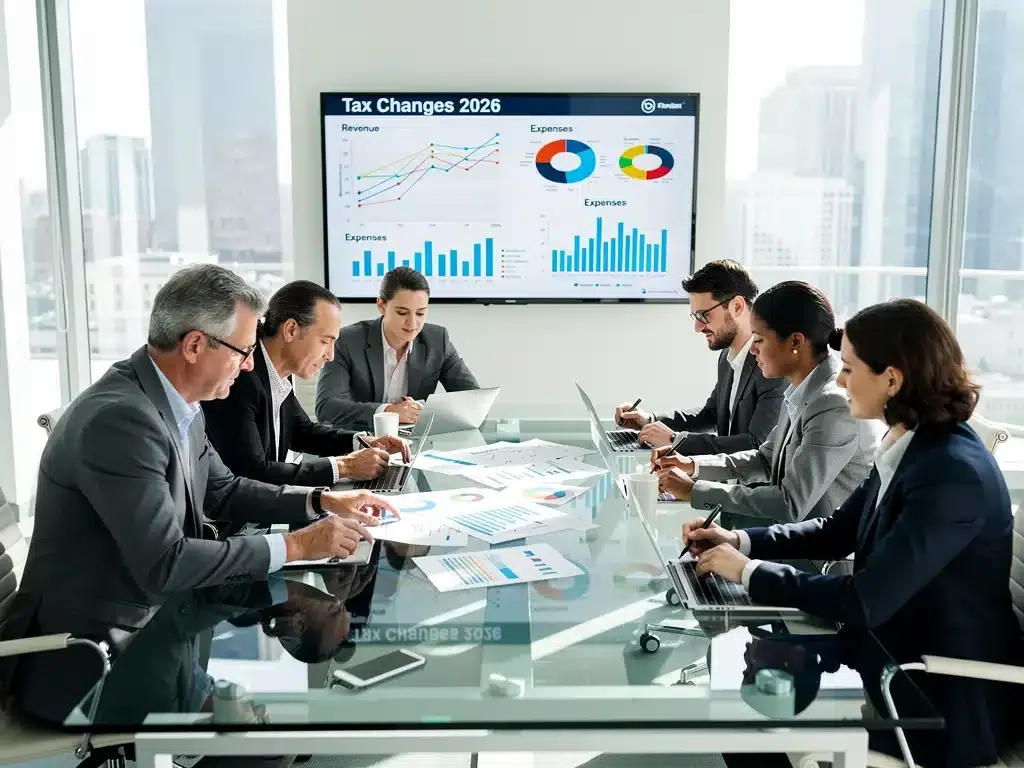 Profesionales discutiendo documentos financieros y gráficos sobre cambios fiscales en una oficina moderna.