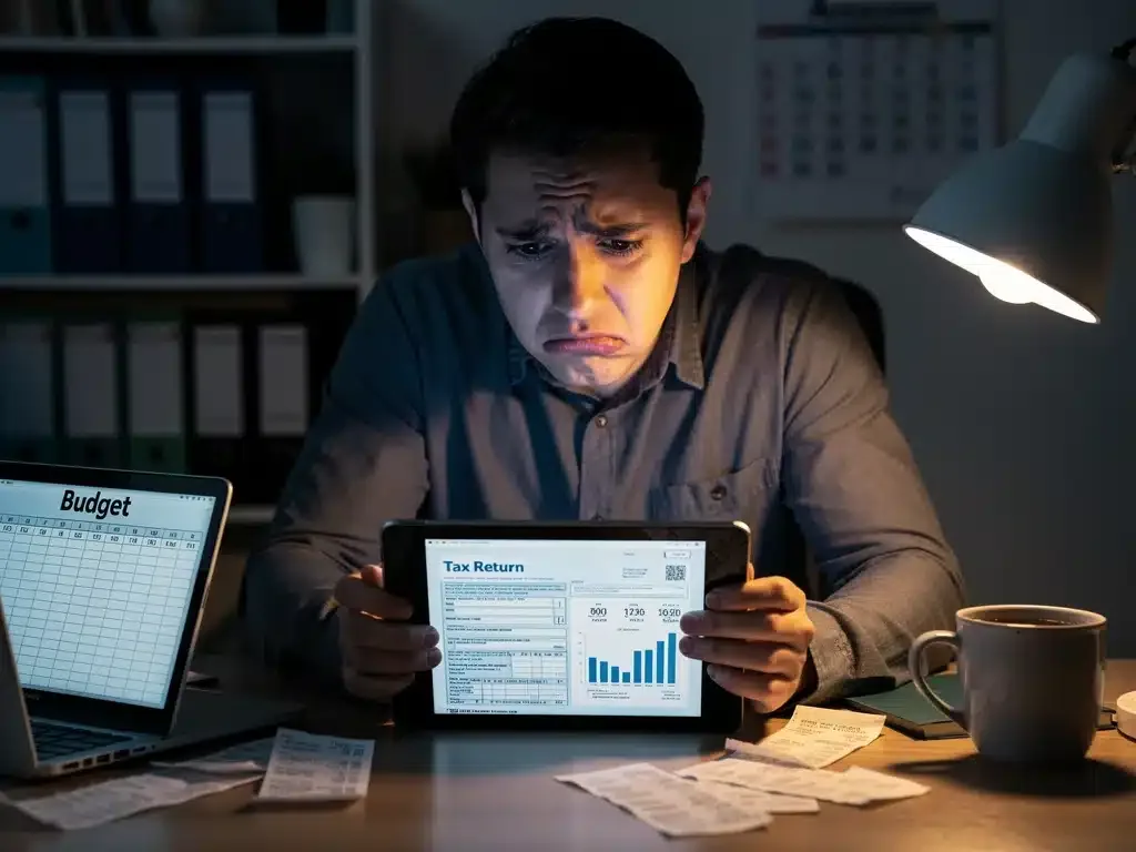 Persona revisando formularios de impuestos y datos financieros en una tablet, con expresión de concentración.