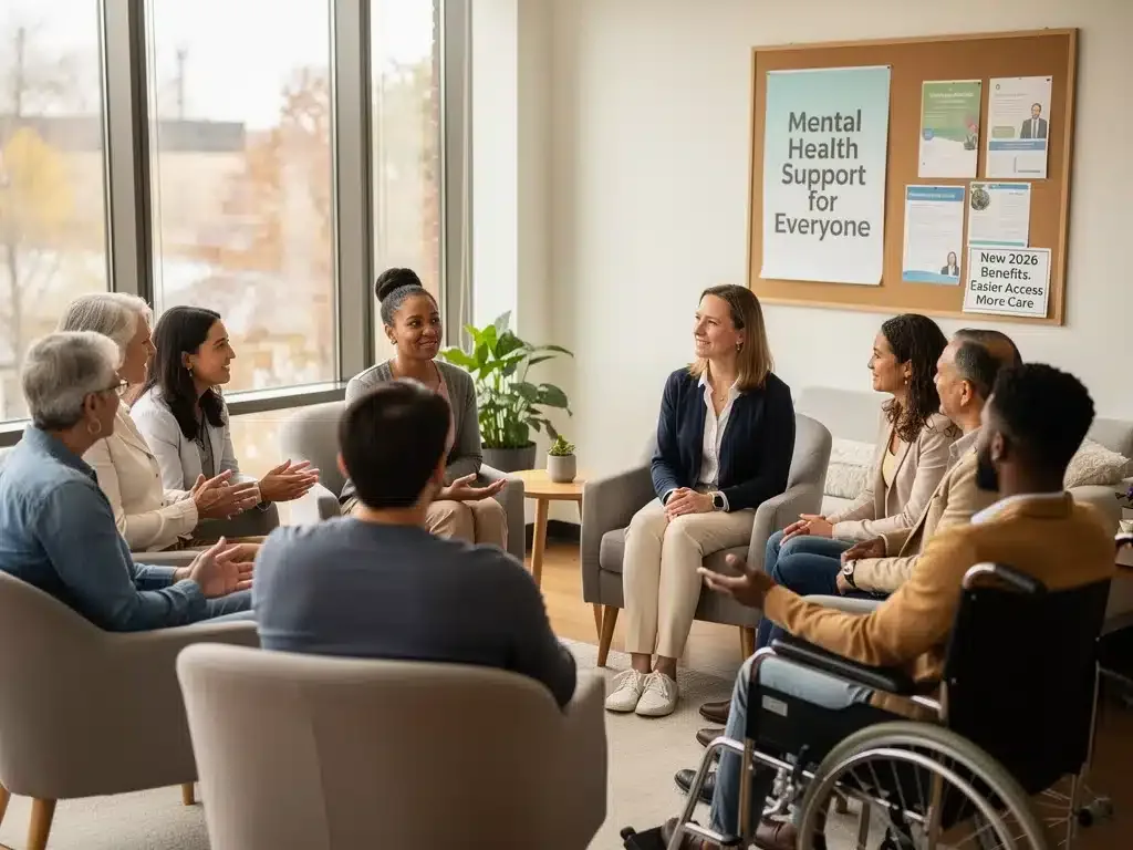 Grupo diverso recibiendo terapia, simbolizando acceso a servicios de salud mental.