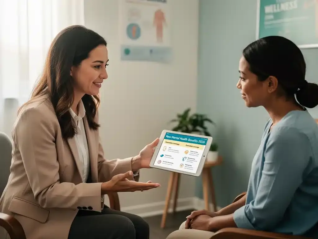Profesional explicando opciones y condiciones de beneficios de salud mental a un paciente.