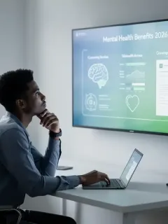 Persona examinando políticas de beneficios de salud mental para 2026 en una pantalla digital.