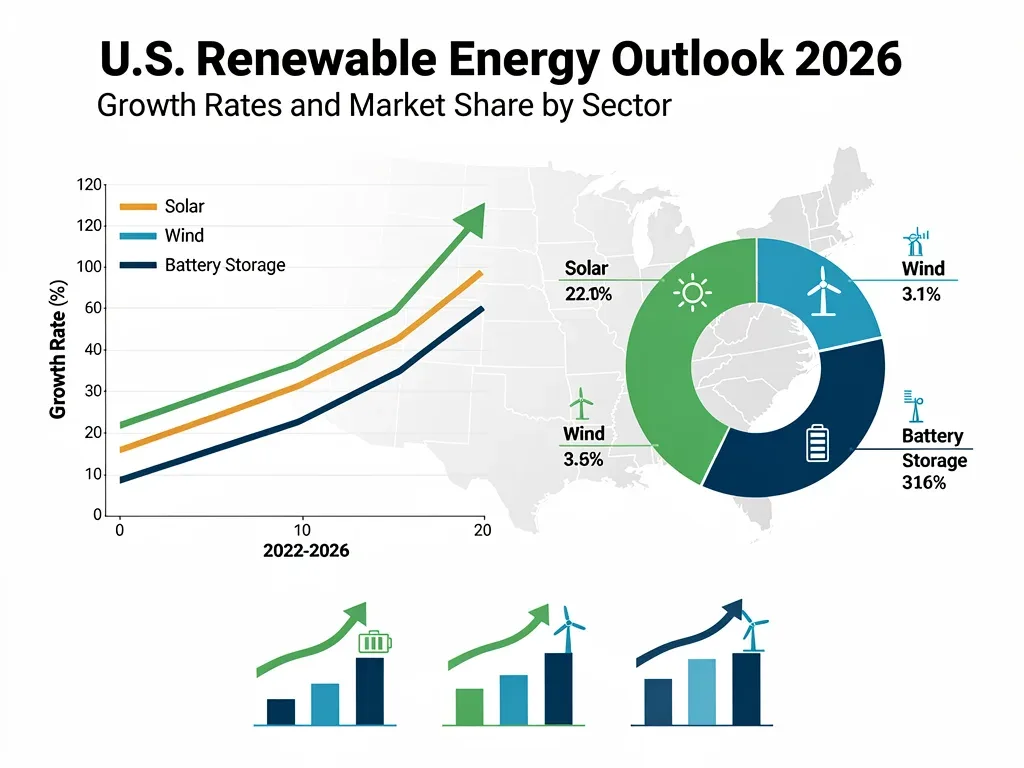 Projected growth and market share of U.S. renewable energy sectors for 2026.