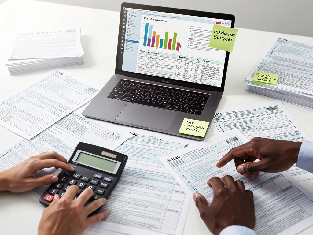 Tax forms and financial calculators illustrating 2026 budget tax implications