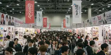 Enthusiastic dorama fans at a bustling convention hall in 2026