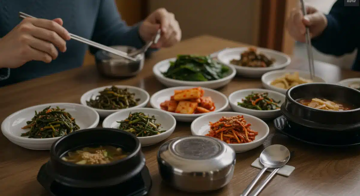 Traditional Asian meal with multiple side dishes, showcasing authentic dining customs.