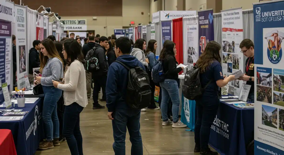 Students and parents engaging with university representatives at a busy college fair, vital for 2026 admissions.
