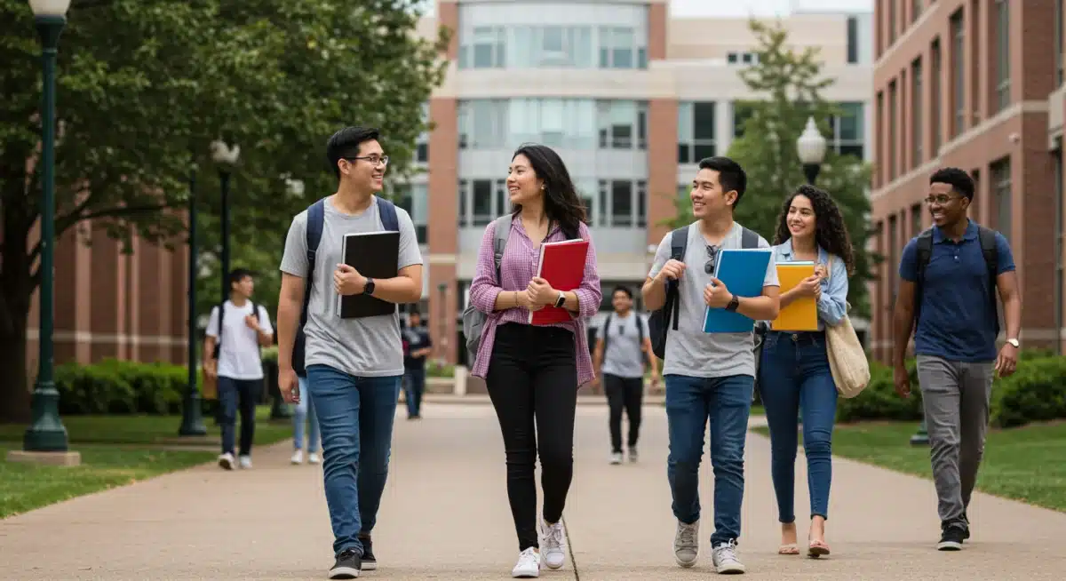 Diverse college students walking on campus