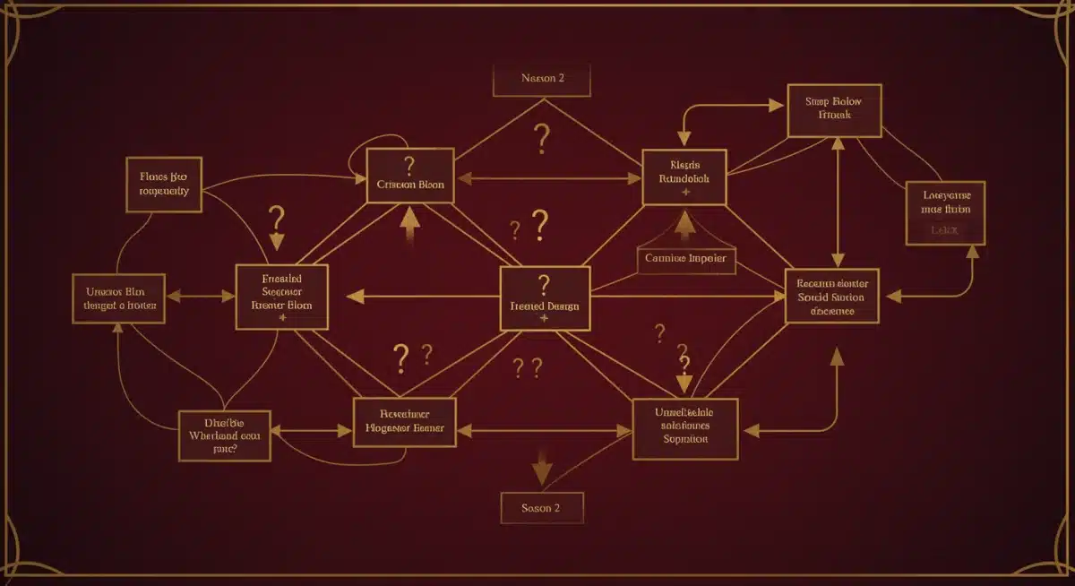Graphic illustrating complex character relationships and possible plot paths for Crimson Bloom Season 2