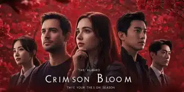 Crimson Bloom Season 2 promotional art with main characters and blooming flowers