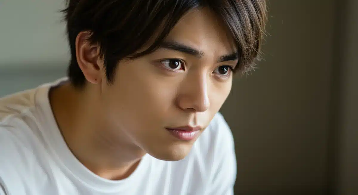 Young dorama actor showcasing emotional depth in a performance still, highlighting his acting prowess and potential.