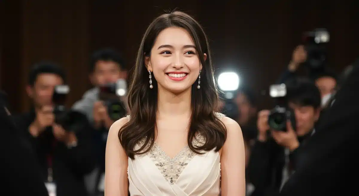 Rising dorama actress at a glamorous event, smiling, reflecting her growing fame and positive public image.