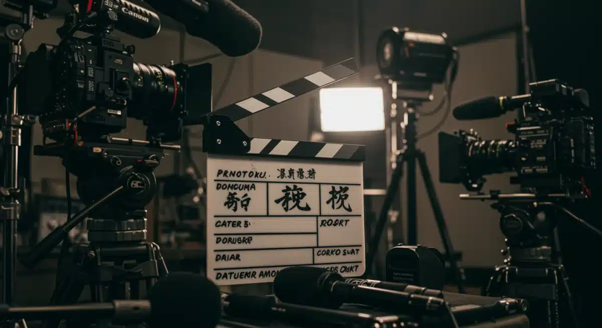 Clapperboard on a dorama set, indicating production