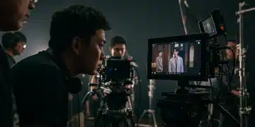 Dorama director reviewing footage on set, surrounded by production crew and equipment.