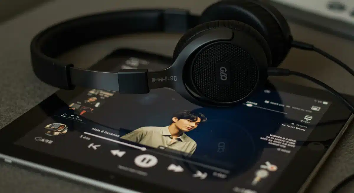 High-quality headphones on tablet playing dorama with music interface.