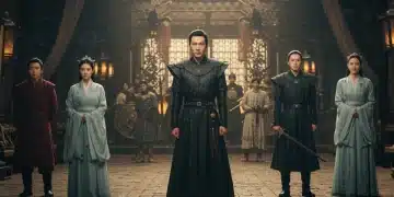 Elaborate dorama production set with actors in historical costumes, showcasing high budget quality.