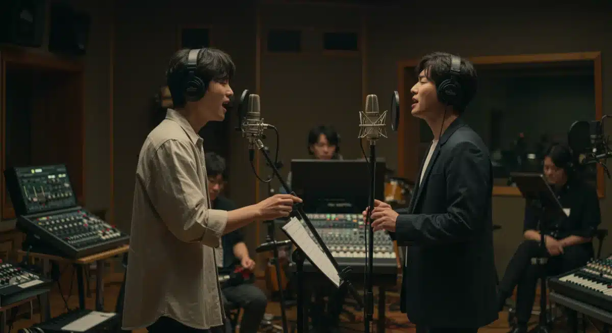 Singer recording a dorama original soundtrack in a professional studio.