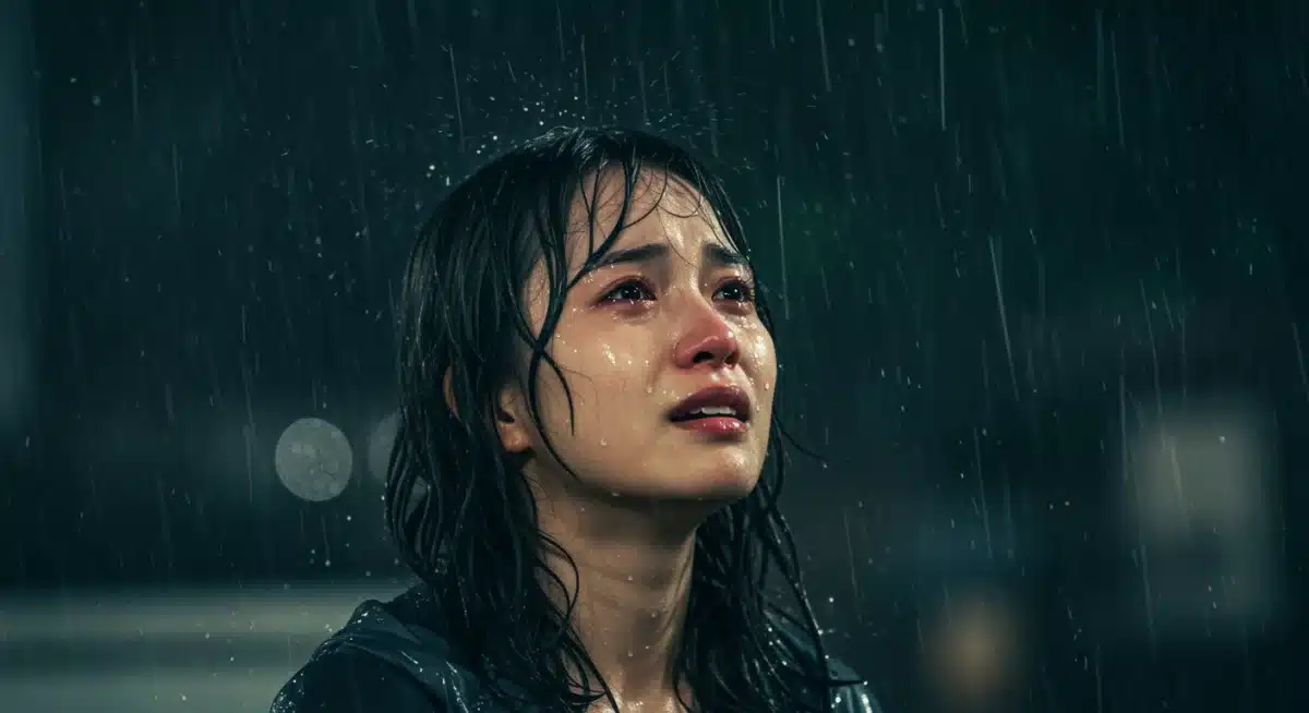 Dorama character in the rain, expressing profound despair.