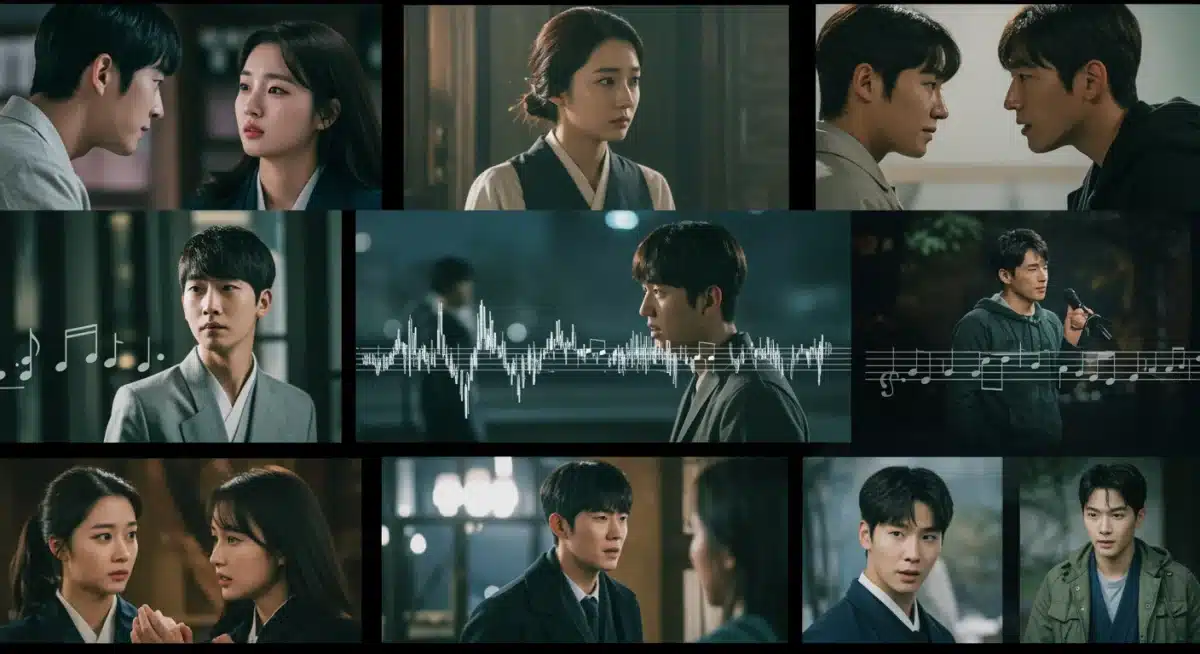 Montage of iconic dorama scenes with musical notes, illustrating the emotional power of soundtracks.